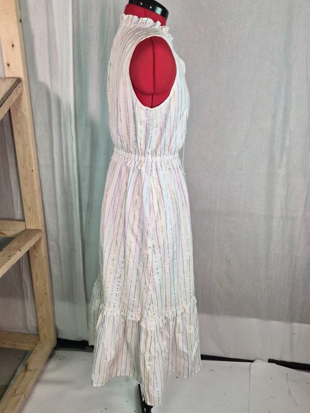 J. Crew Shimmer Womrns Tie-front Midi Dress White Metallic Striped Size 2 G223 - Picture 6 of 14